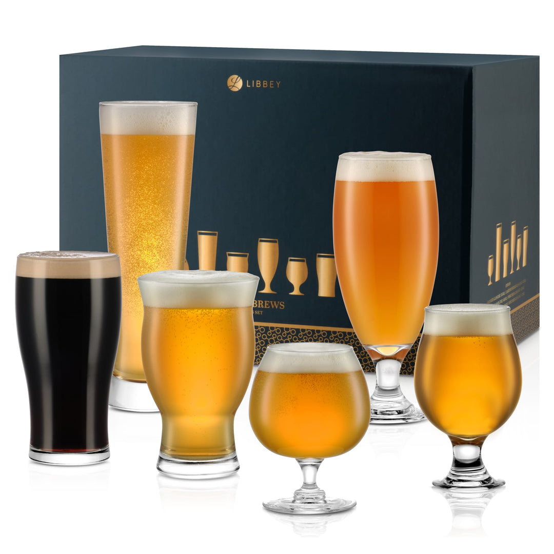 Complete 6‑piece assortment: Includes a sour (12 oz), wheat (16 oz), lager/pilsner (16 oz), stout (16 oz), high‑ABV (10 oz), and IPA (16.75 oz) glass