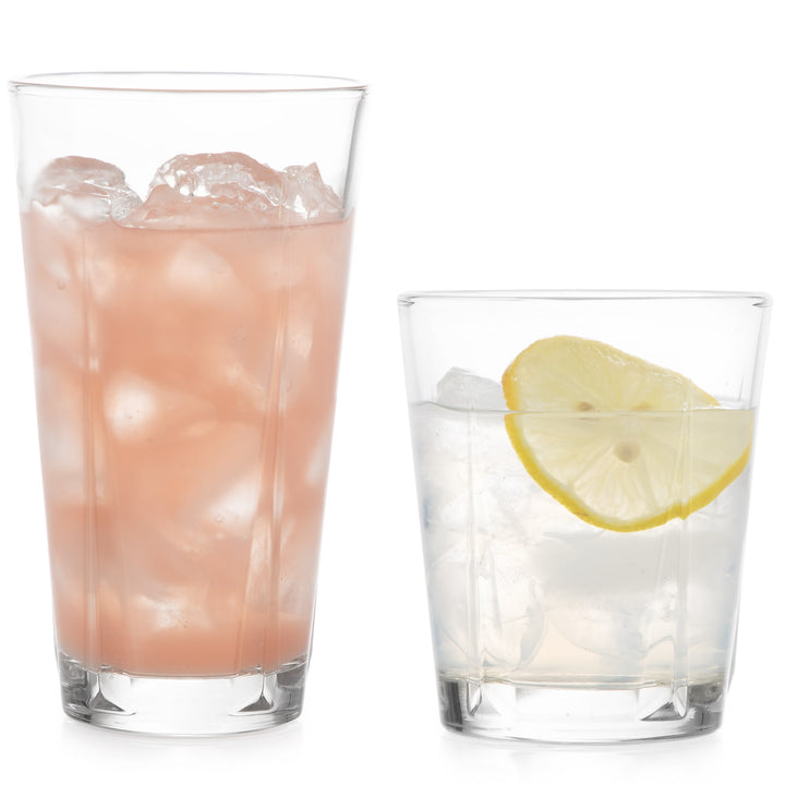 Our Monterrey drinkware set, inspired by Art Nouveau, features durable design with geometric facets that beautifully refract light