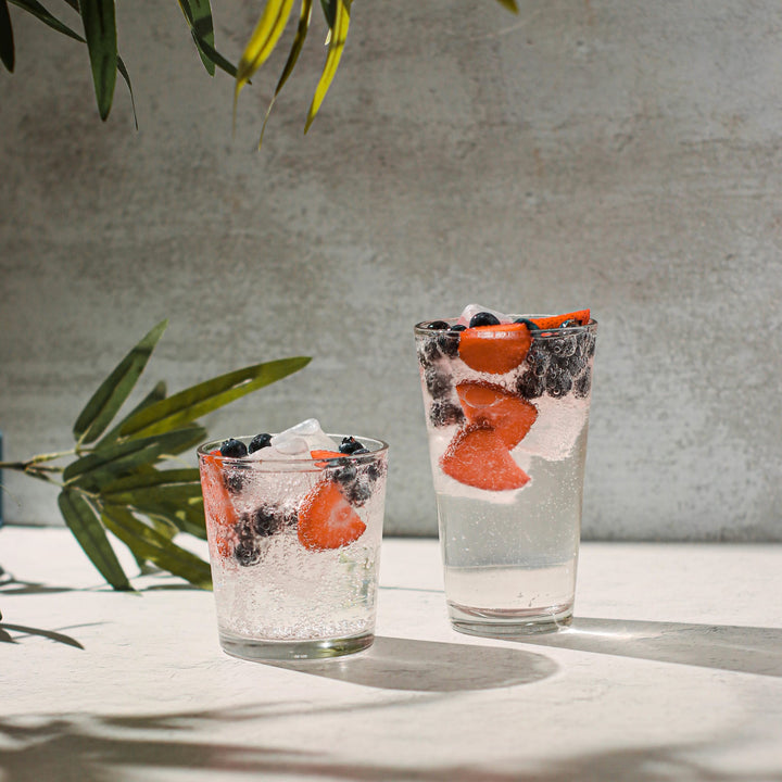 Includes 8, 16.2-ounce drinking glasses (3.47-inch diameter x 5.84-inch height) and 8, 12.9-ounce rocks glasses (3.54-inch diameter x 3.81-inch height)