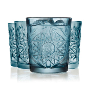 Libbey Hobstar Double Old Fashioned Glasses, 12 ounce, Blue, Set of 4